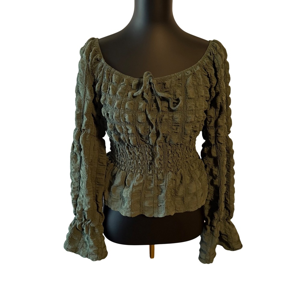 Rose and Grey Olive Green Coquette Smocked Peasant Blouse Top Bell Sleeve Y2K
